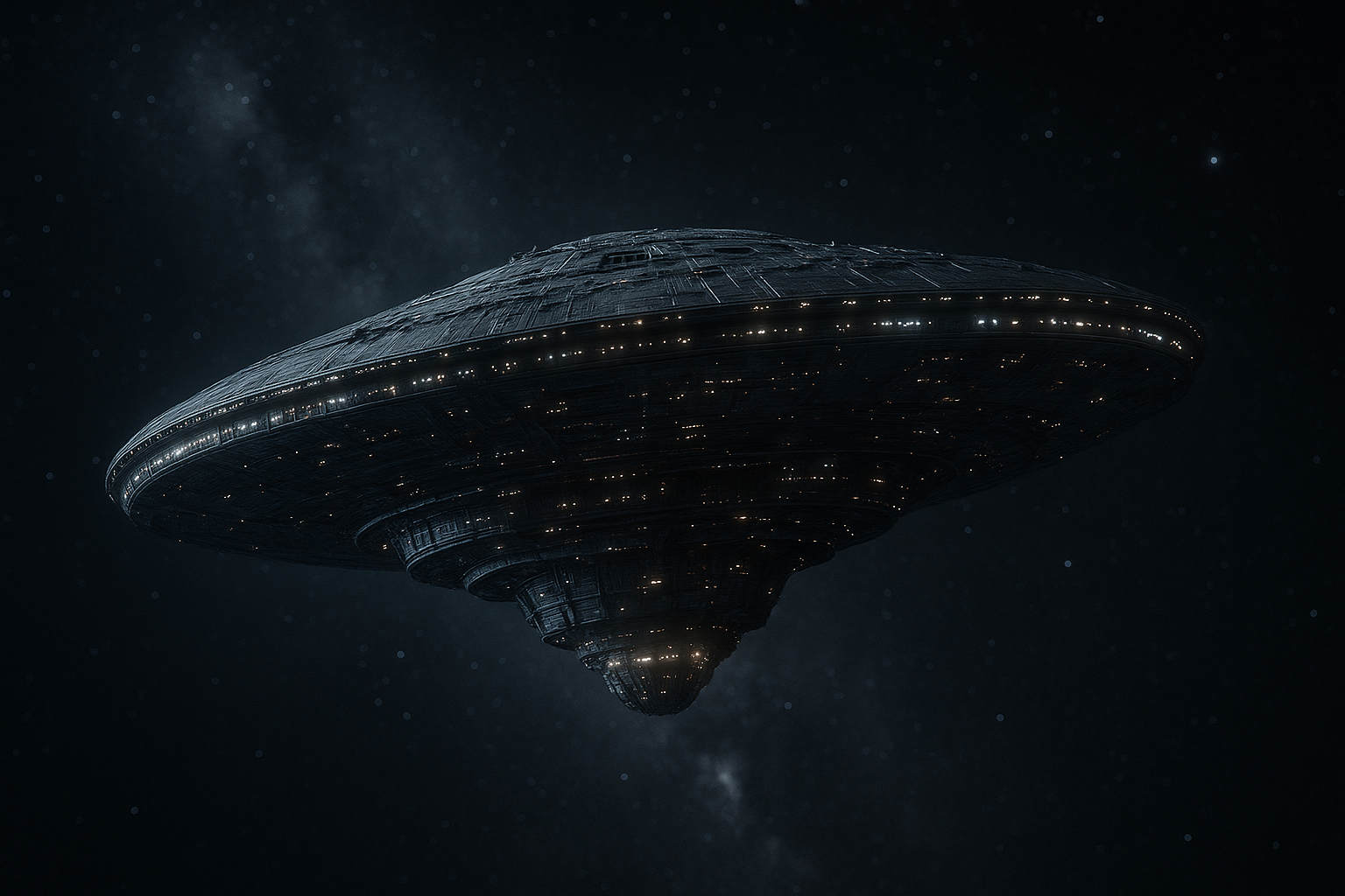 Photoreal space scene imagining 3I/ATLAS as an engineered mothership crossing the inner Solar System